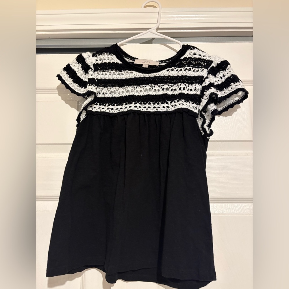 LOFT Black Top with White Crochet Stripes